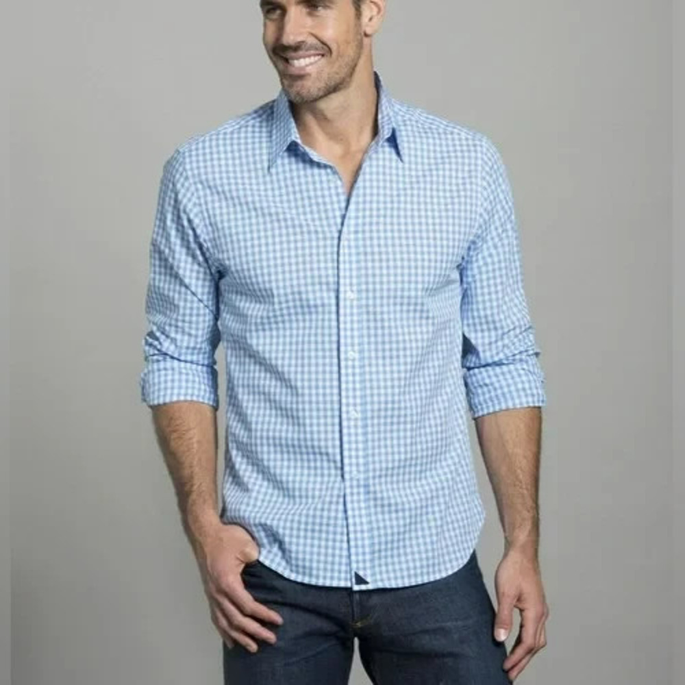 Untuckit Gingham Button Front Shirt Size Large Blue Check Spring Summer Easter